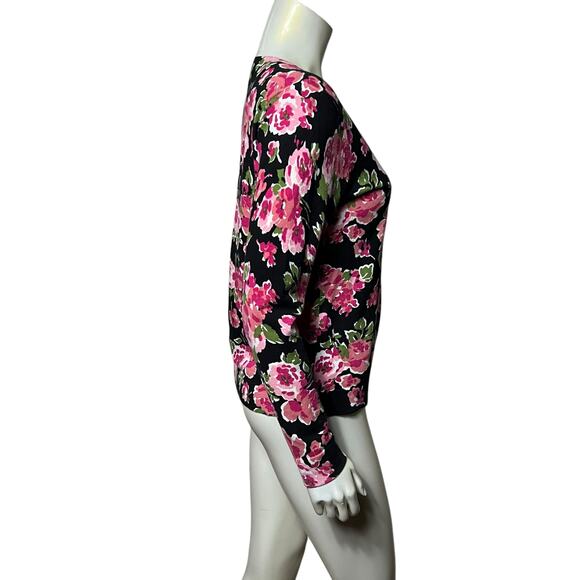 August Silk Heritage Floral Cardigan Black Pink Rose Sweater Knit Button Up - Picture 4 of 7